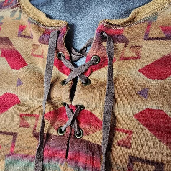 Vintage Chaps Denim Lace Up Western / Aztec Print 3/4 Top | Women's 1X - Picture 3 of 12